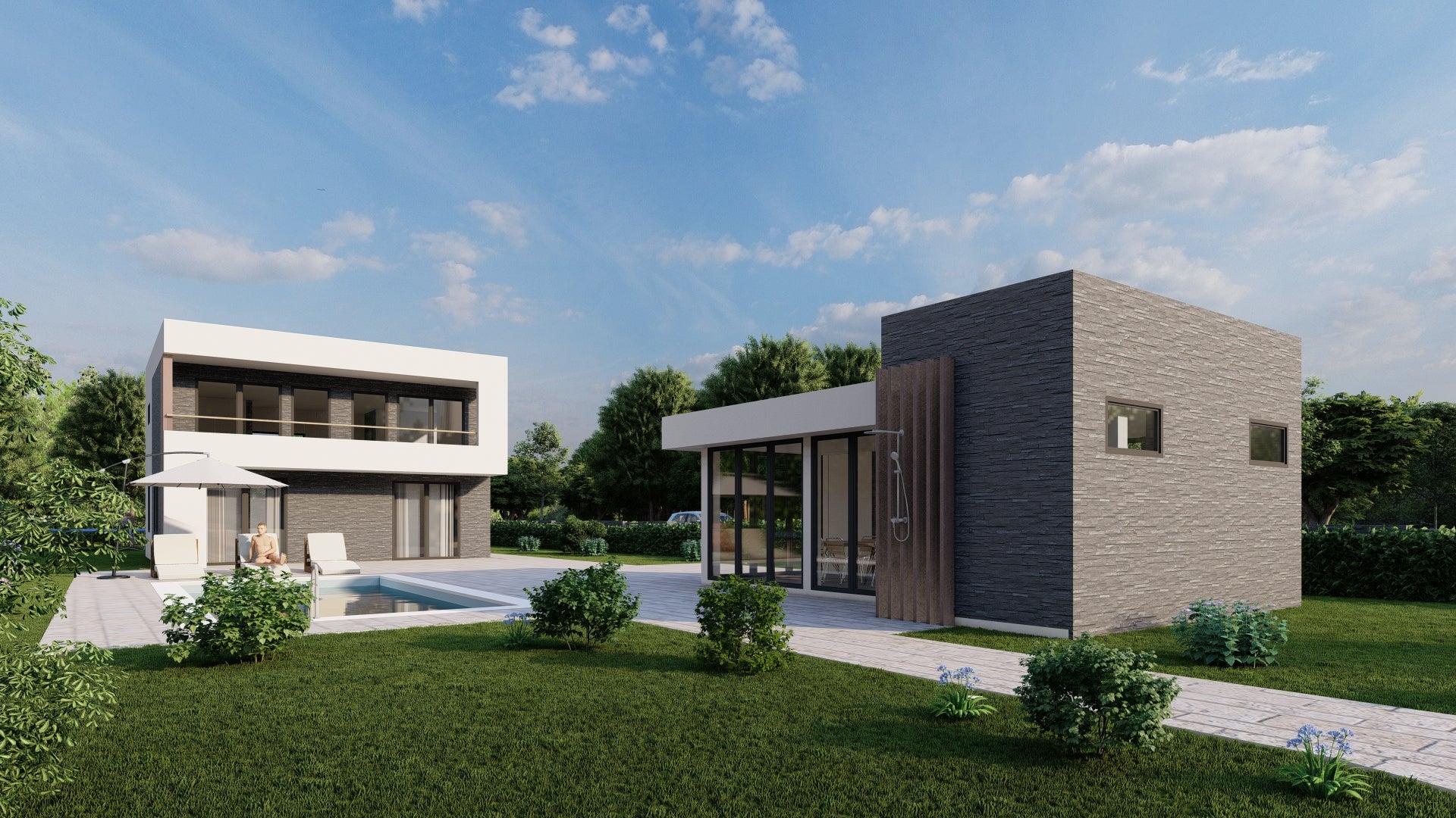 Modern house with swimming pool 3D render 